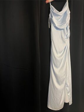 Birdy Grey Light Blue Satin Cowl Neck Maxi Dress